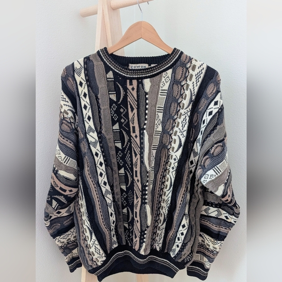 Vintage Sweaters - Vintage 90's Coogi Style Abstract Textured Chunky Crewneck Sweater In Black/Gray